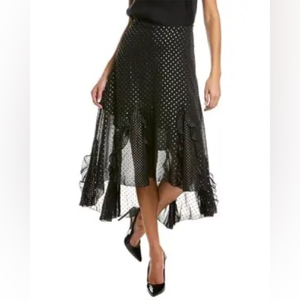 High Low Polka Dot Ruffled Midi Skirt Black & Silver - Picture 2 of 3